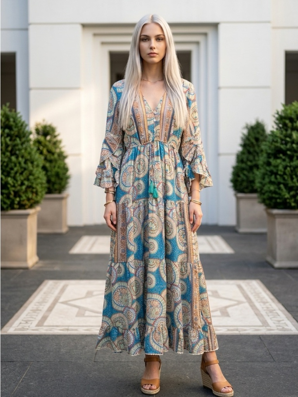 Boho Teal Paisley Maxi Dress with V-Neck and Ruffle Sleeves